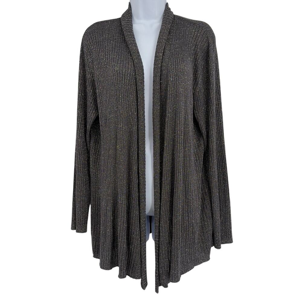 Chico's Ribbed Shimmery Womens Sweater Cardigan Sz XL Holiday Glam Metallic Open